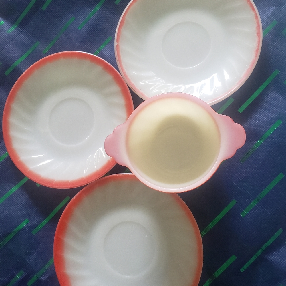 Fire King Sunrise swirl saucers and creamer